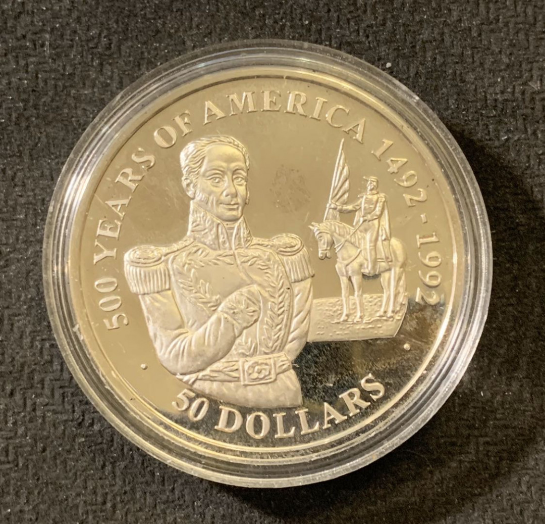 紫瑗钱币—微拍第六期  外国现代银币场 库克 1990年 发现美洲500周年 50元 34克 0.925银