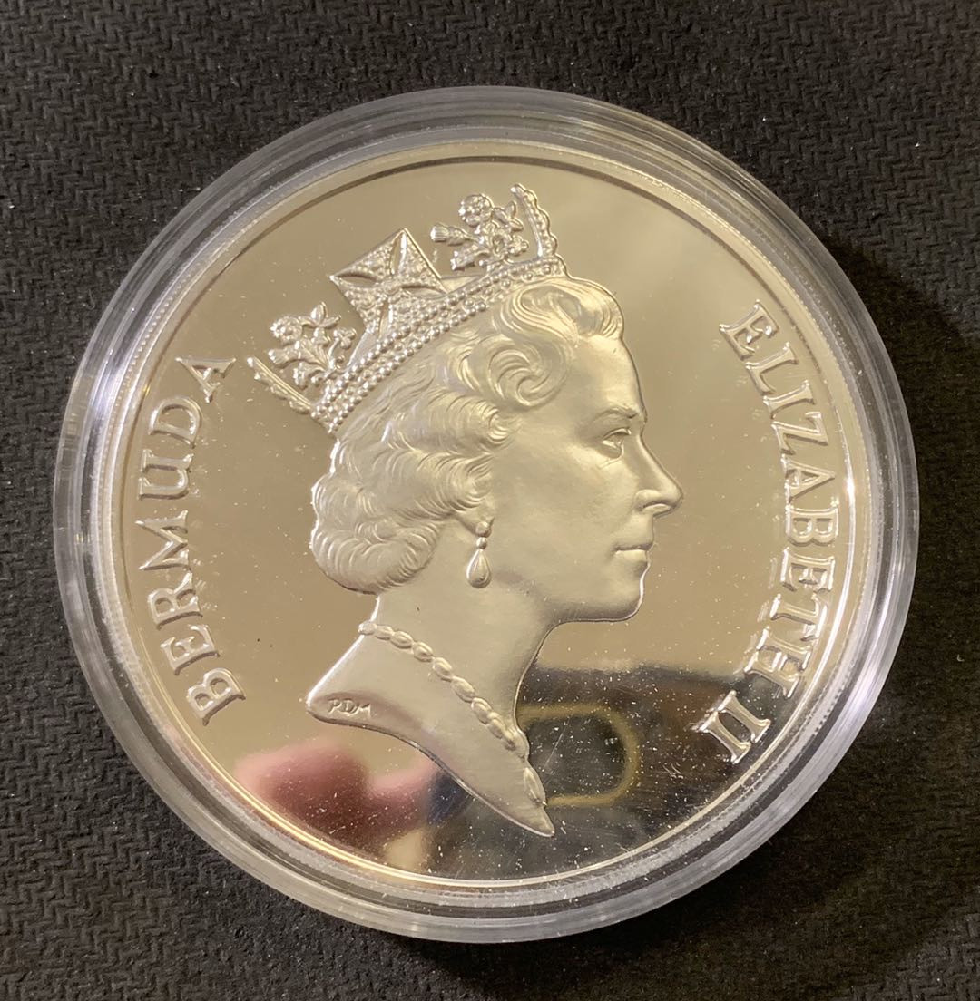 紫瑗钱币—微拍第六期  外国现代银币场 百慕 1987年 百慕大神秘三角区 5元 155.6克 0.999银 带盒证