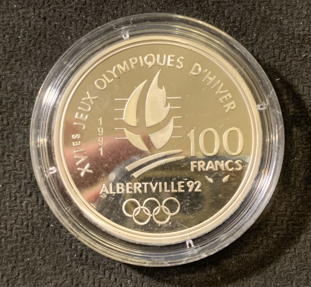 紫瑗钱币—微拍第六期  外国现代银币场 法国 1991年 越野滑雪 100法郎 22.2克 0.9银 精制