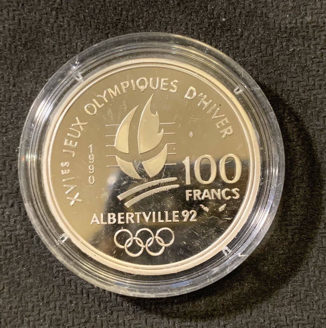 紫瑗钱币—微拍第六期  外国现代银币场 法国 1990年 双人滑雪 100法郎 22.2克 0.9银 精制