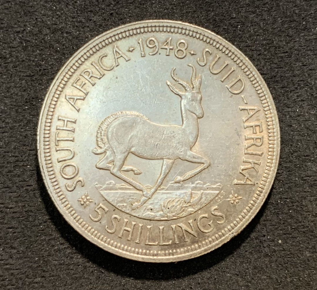 紫瑗钱币—微拍第七期   南非 1948年 乔六 羚羊 5先令 28.28克 0.8银 UNC