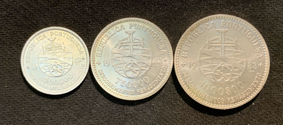 紫瑗钱币—微拍第七期   葡萄牙 1983年 17届欧洲博览会 500 750 1000埃斯库多 三枚 共40.5克 0.835银 BU