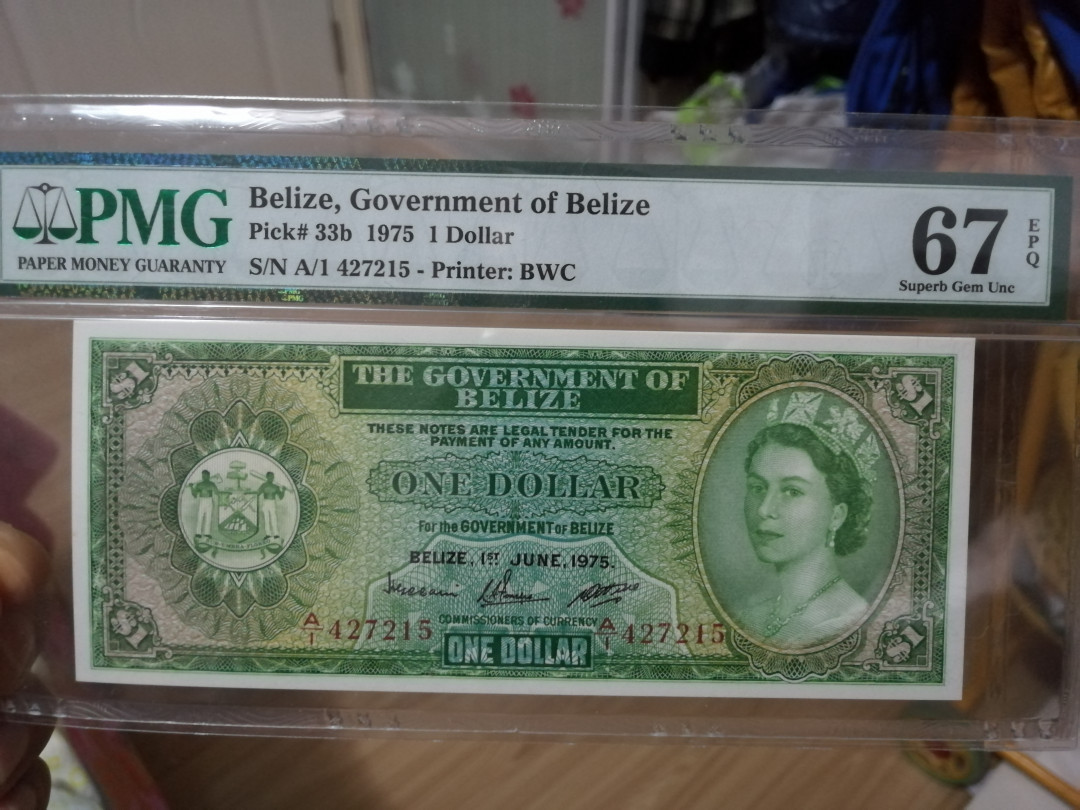 【收藏联盟】第112期拍卖——科学与艺术 伯利兹 1975年 1元A1冠 p33b PMG67EPQ 高分 大冠女王
