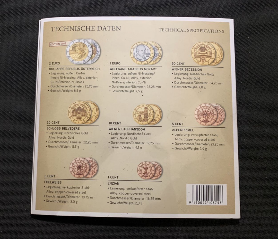 紫瑗钱币—微拍第七期   奥地利 2018年 1欧分—2欧元 建国100周年2欧纪念币 原厂卡