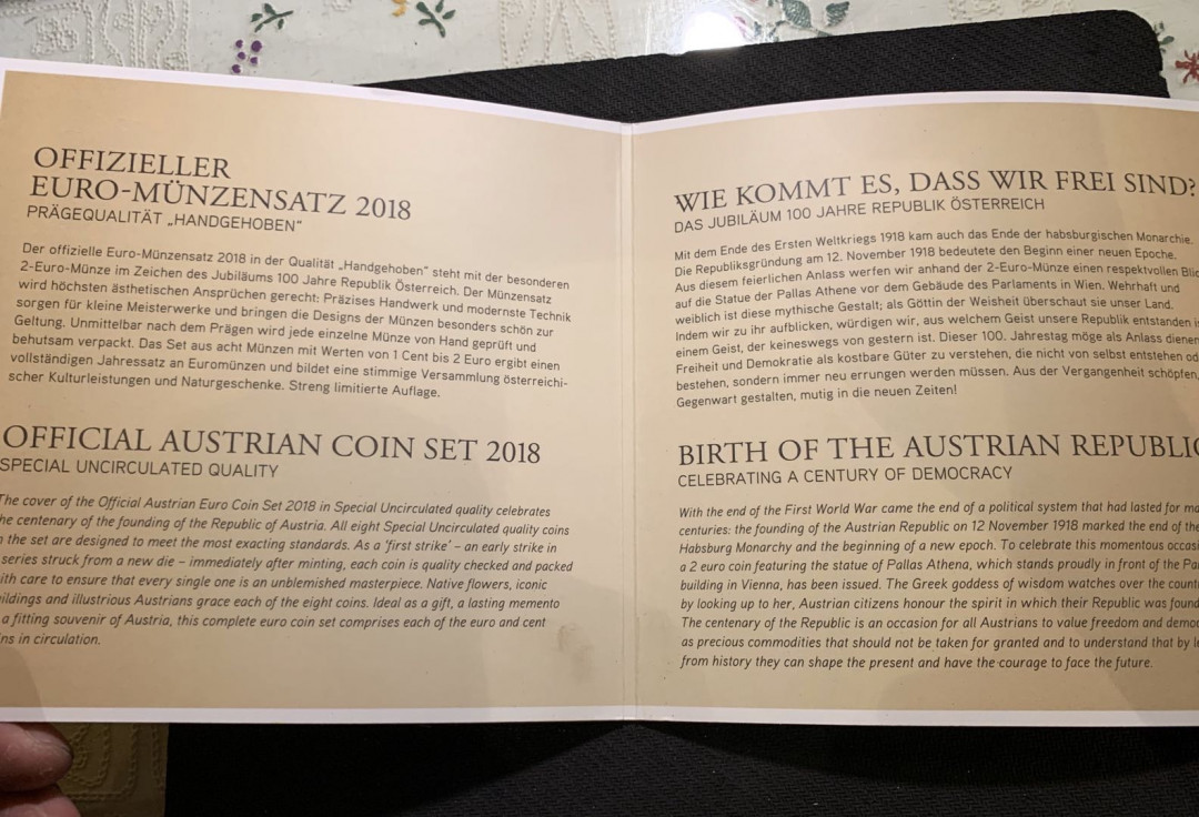 紫瑗钱币—微拍第七期   奥地利 2018年 1欧分—2欧元 建国100周年2欧纪念币 原厂卡