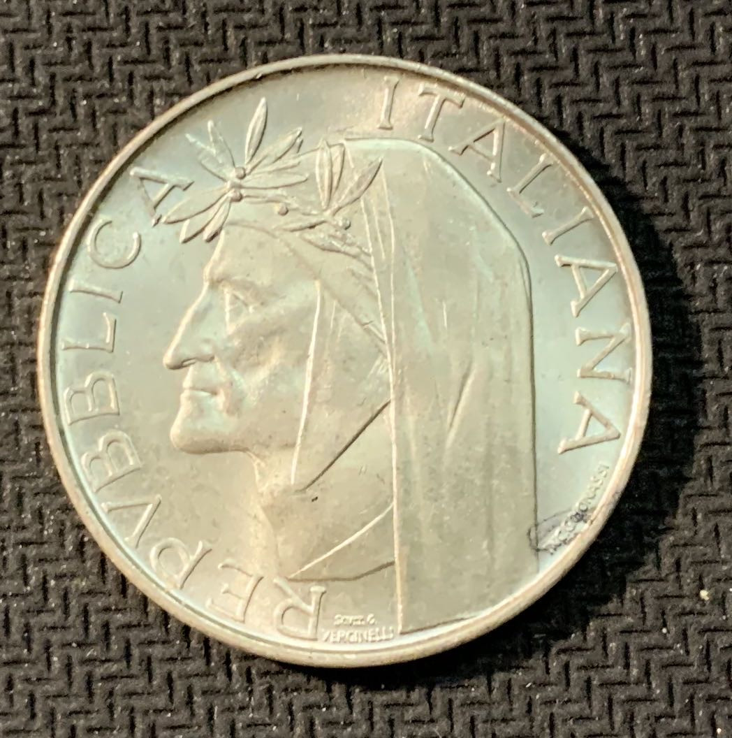 紫瑗钱币—微拍第九期  意大利 1965年  诗人但丁 500里拉 11克 0.835银 BU