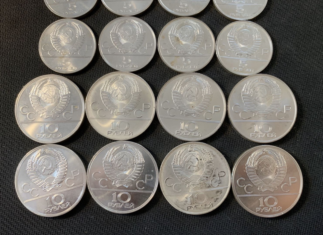 紫瑗钱币—微拍第九期  苏联 1980年 奥运会 5卢布 10卢布 各8枚 共403.5克 0.925银