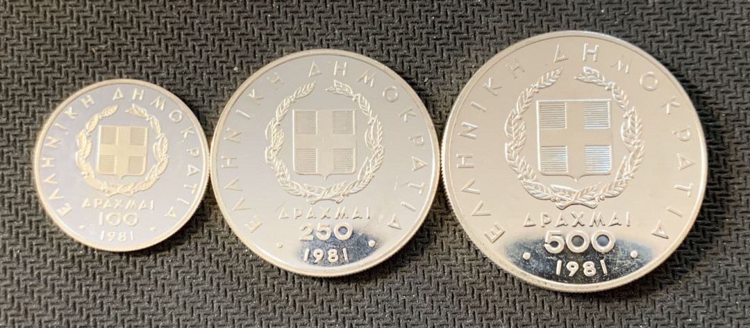 紫瑗钱币—微拍第九期  希腊 1981年 奥运会 100 250 500 德拉克马 共49.1克 0.9银