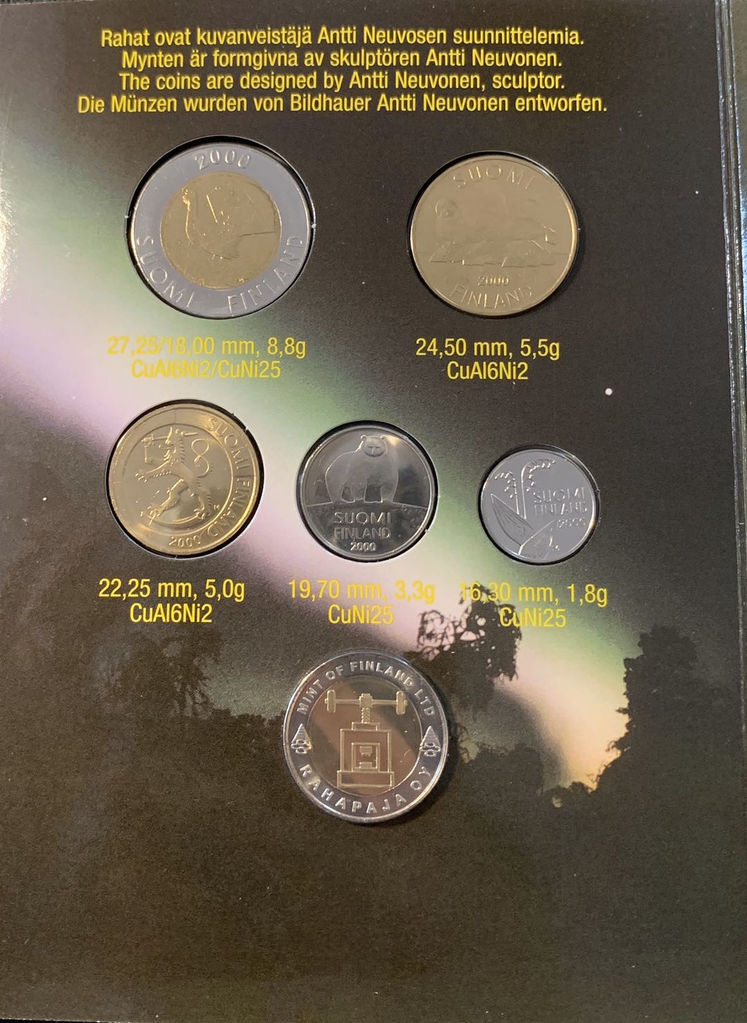 紫瑗钱币—微拍第九期  芬兰 2002年 第二种 流通币 5枚套 带纪念章 原厂卡装