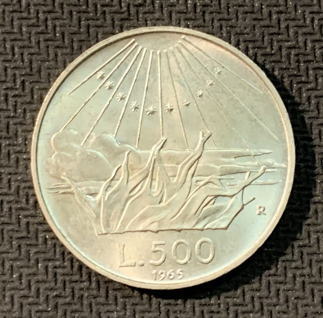 紫瑗钱币—微拍第九期  意大利 1965年  诗人但丁 500里拉 11克 0.835银 BU
