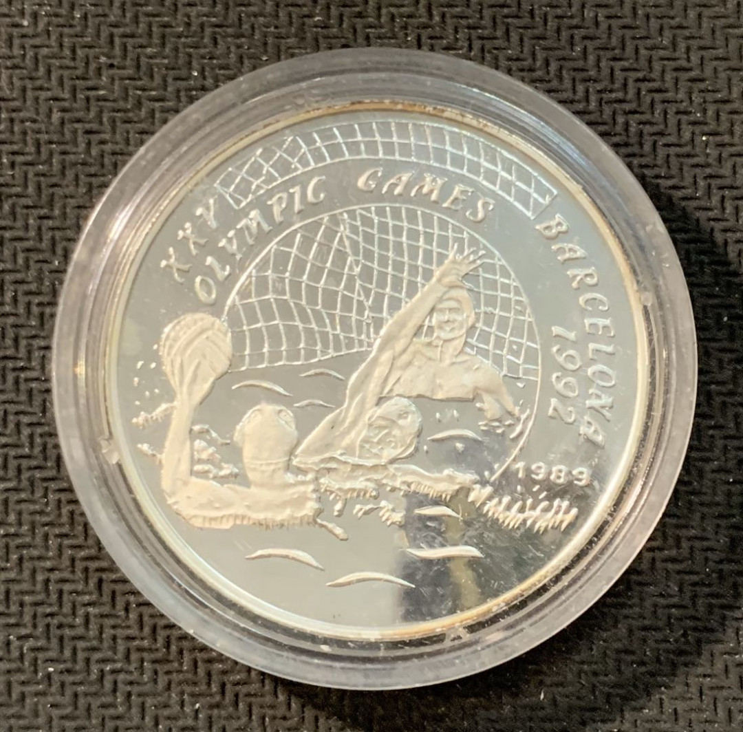 紫瑗钱币—微拍第11期  中外现代银币场 老挝 1989年 巴塞罗那奥运会 水球 50基普 16克 0.9999银 精制