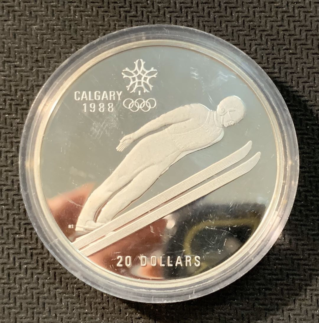 紫瑗钱币—微拍第11期  中外现代银币场 加拿大 1987年 卡尔加里冬奥会 跳台滑雪 20元  34.1克 0.925银 精制