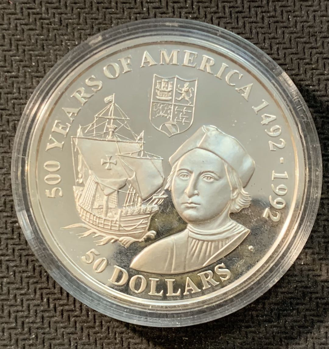 紫瑗钱币—微拍第11期  中外现代银币场 库克群岛 1990年 发现美洲 女王 50元 31.35克 0.925银