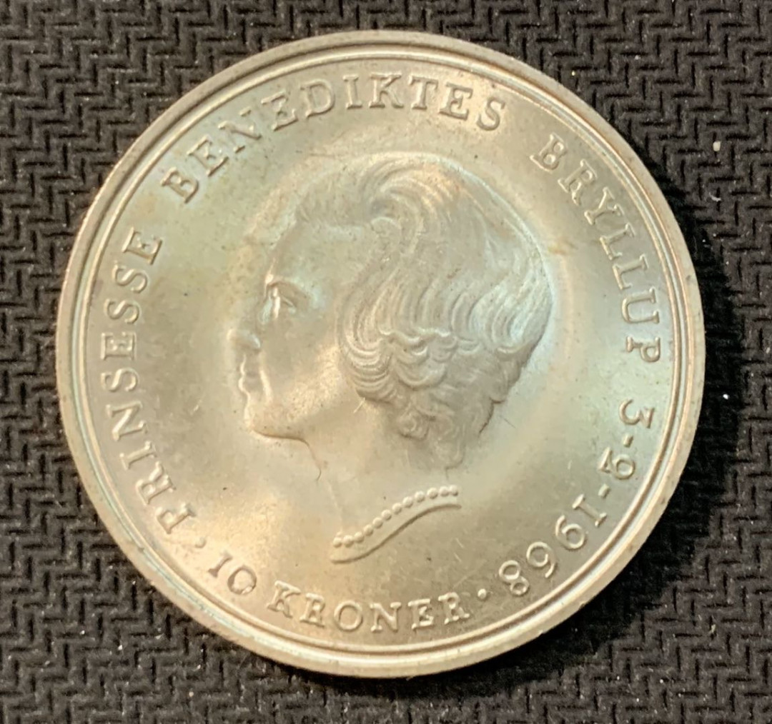 紫瑗钱币—微拍第11期  中外现代银币场 丹麦 1968年  本尼迪克特公主大婚 10克朗 20.4克 0.8银