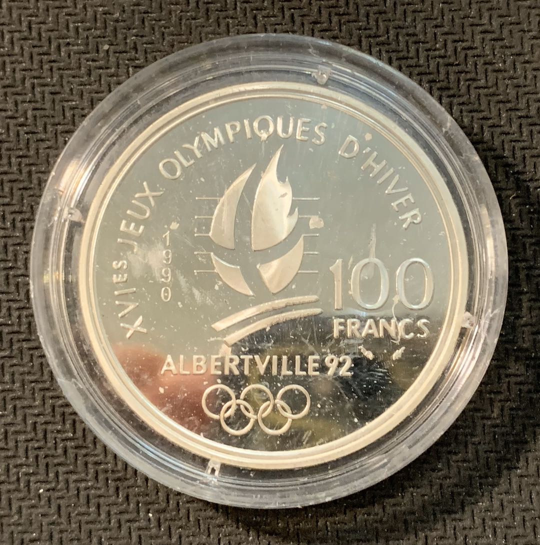 紫瑗钱币—微拍第11期  中外现代银币场 法国 1990年 花样滑雪 100法郎 22.2克 0.9银 精制
