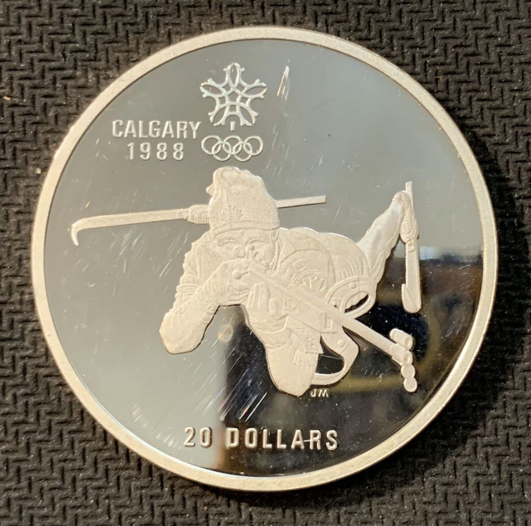 紫瑗钱币—微拍第11期  中外现代银币场 加拿大 1985年 卡尔加里冬奥运 卧射 20元 银币 34.1克 0925银 精制