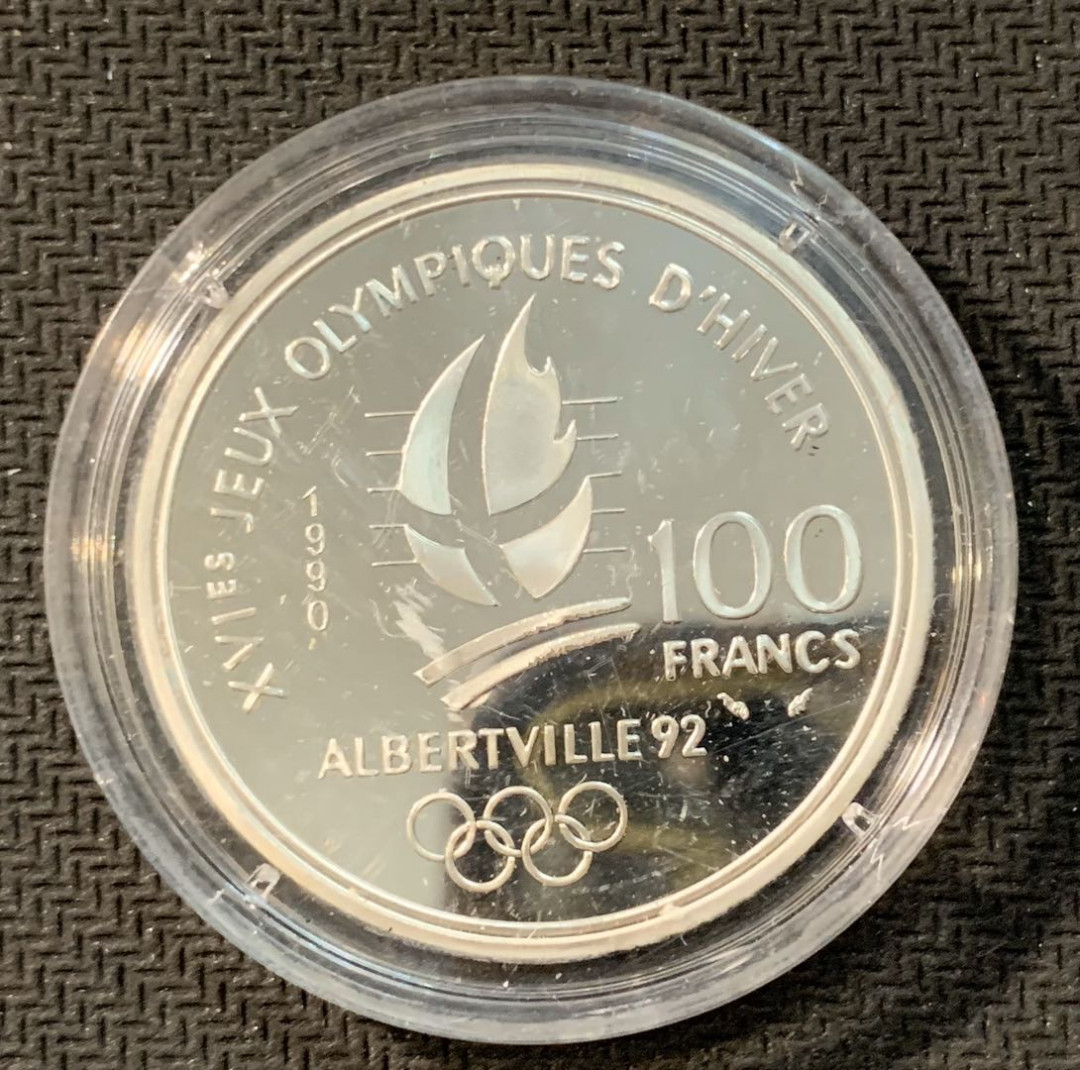 紫瑗钱币—微拍第11期  中外现代银币场 法国 1990年 双人滑雪 100法郎 22.2克 0.9银 精制