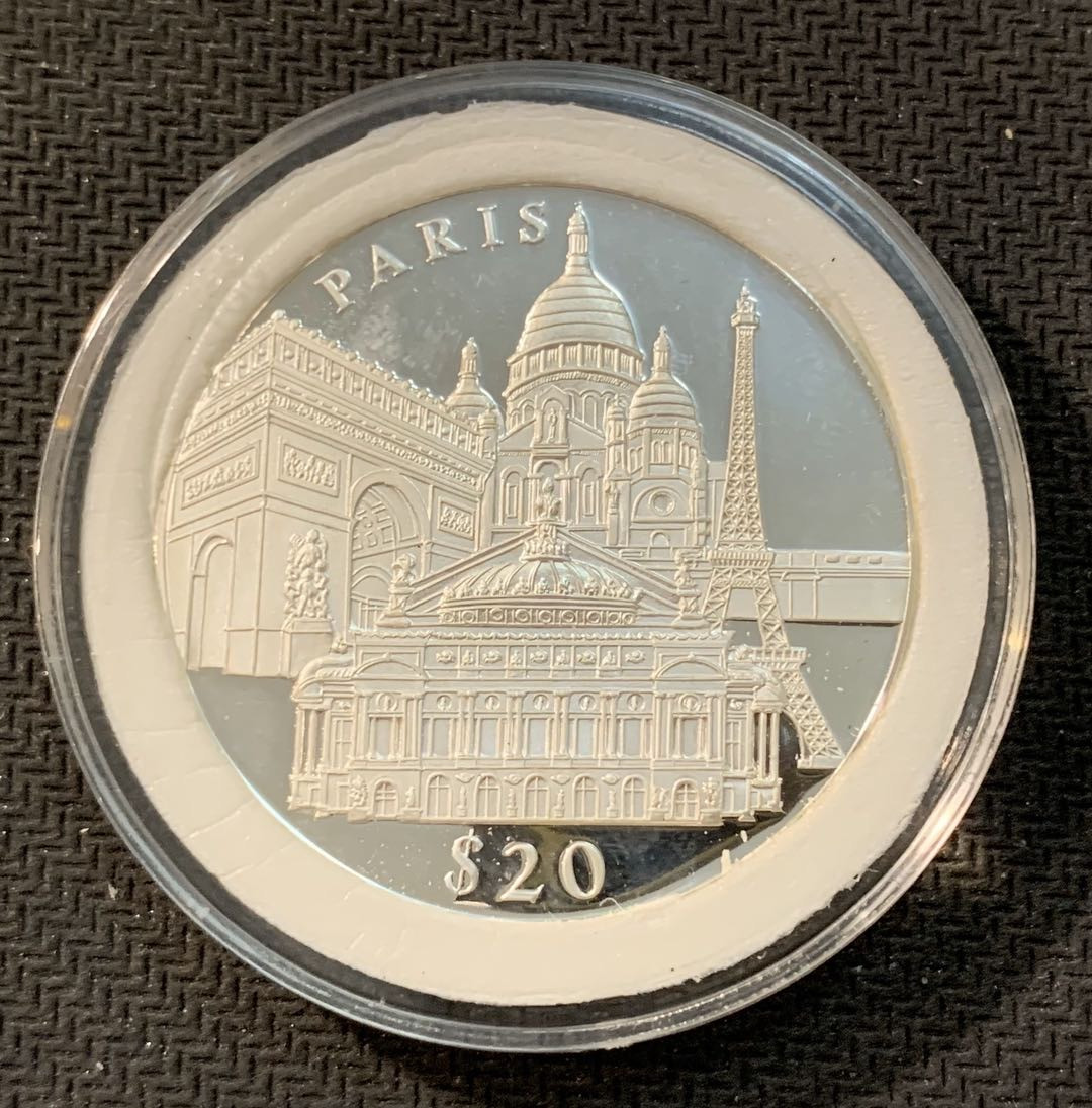 紫瑗钱币—微拍第11期  中外现代银币场 利比里亚 2000年  世界名胜 巴黎 20元 20克 0.999银 精制