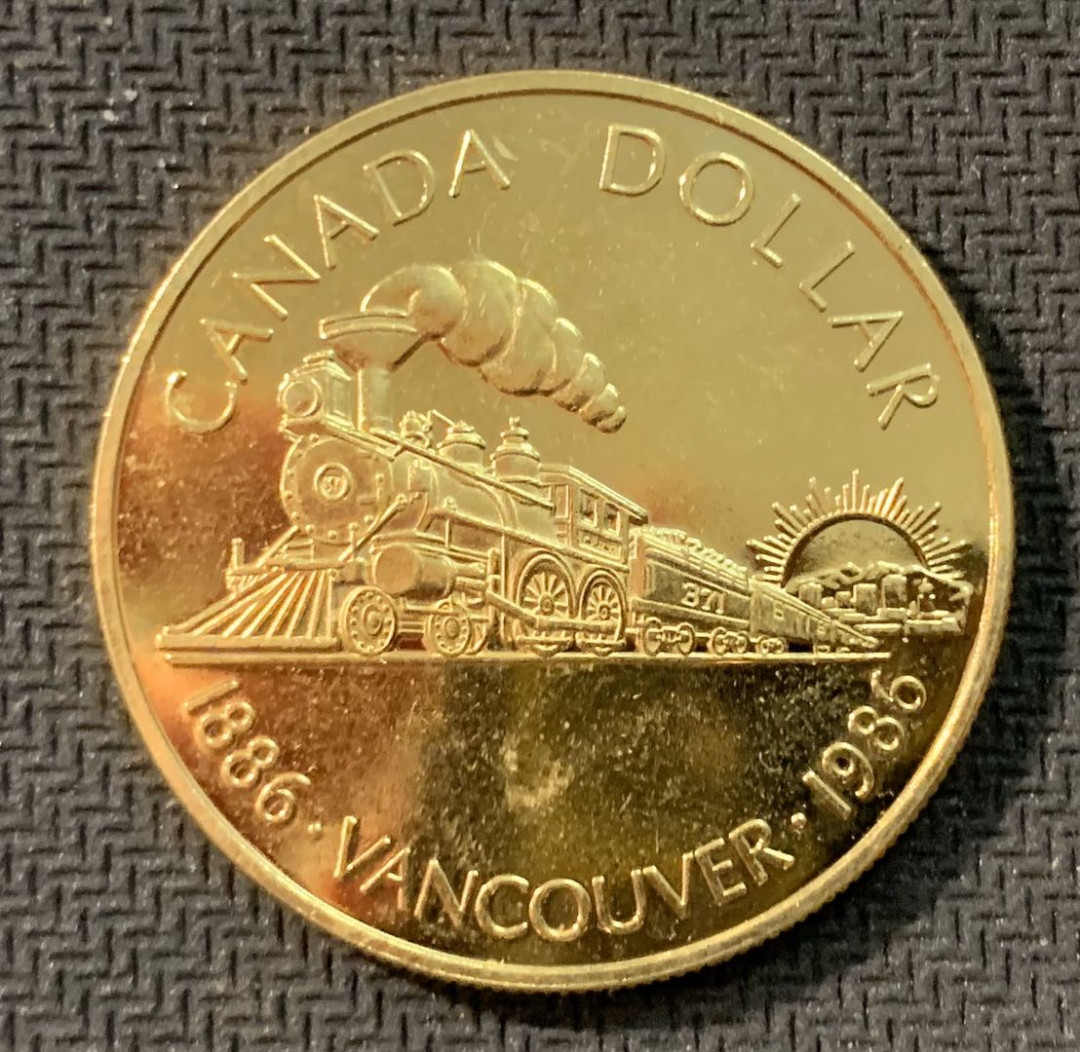 紫瑗钱币—微拍第11期  中外现代银币场 加拿大 1986年 温哥华火车百年 1元 23.3克 0.5银 鎏金