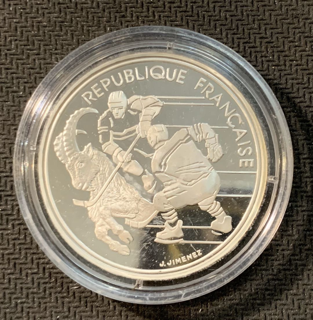 紫瑗钱币—微拍第11期  中外现代银币场 法国 1991年 奥运会 冰球 100法郎 22.2克 0.9银 精制