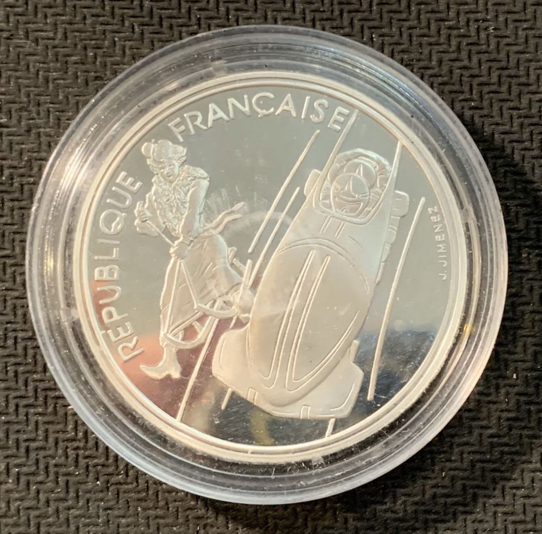 紫瑗钱币—微拍第11期  中外现代银币场 法国 1990年 滑雪车 100法郎 22.2克 0.9银 精制