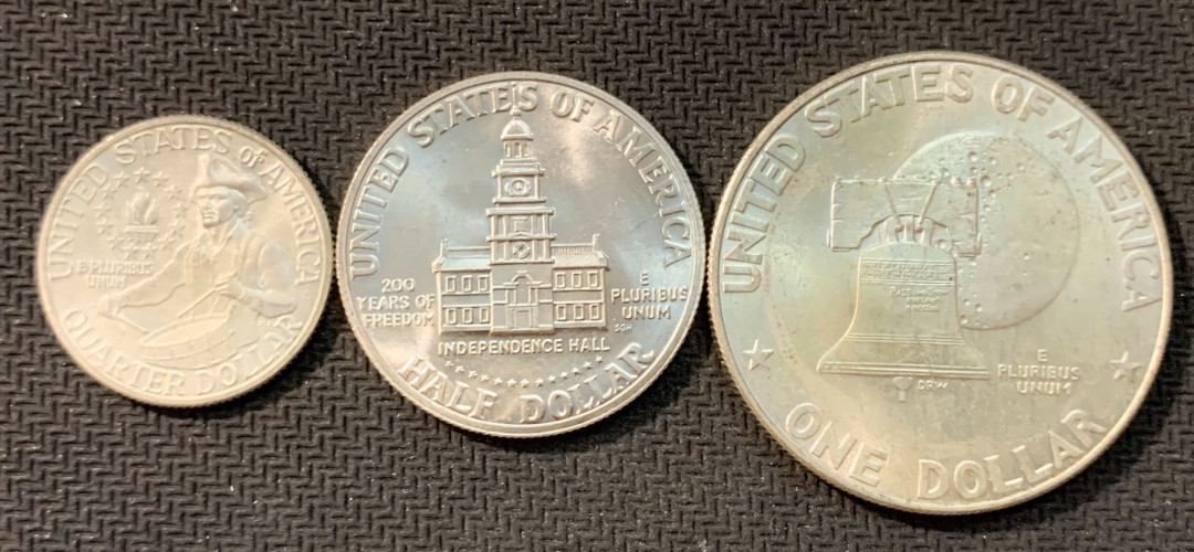 紫瑗钱币—微拍第11期  中外现代银币场 美国 1976年 建国 200周年 25 50 1元一套 共41.75克 0.4银