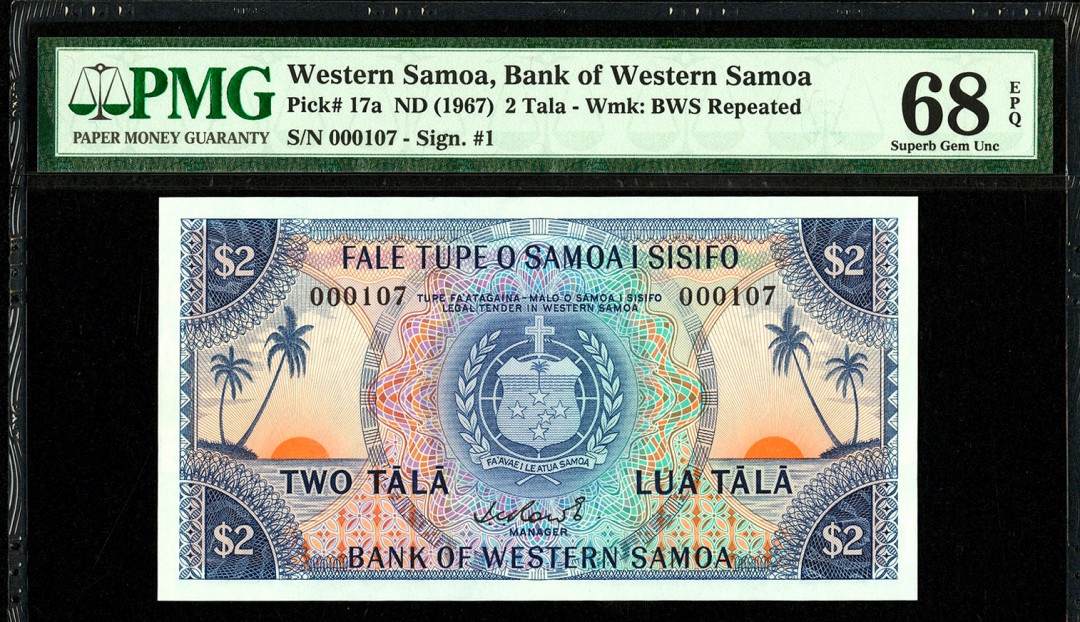 【收藏联盟】第113期拍卖——末代君主 【冠军分百位小号】西萨摩亚 1967年 2塔拉 p17a PMG68EPQ 超高分 意境海景