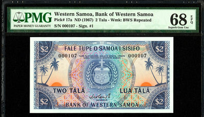 【收藏联盟】第113期拍卖——末代君主 - 【冠军分百位小号】西萨摩亚 1967年 2塔拉 p17a PMG68EPQ 超高分 意境海景