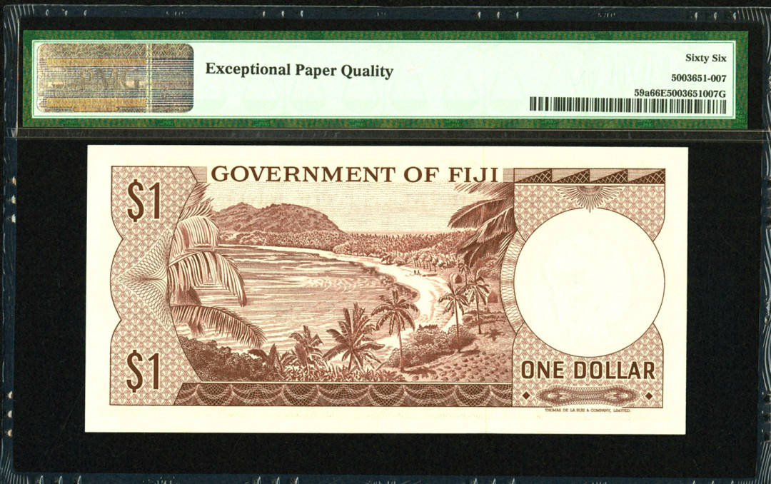 【收藏联盟】第113期拍卖——末代君主 【早期初版】斐济 1969年 1元 PMG66EPQ p59a 戎装女王 海景