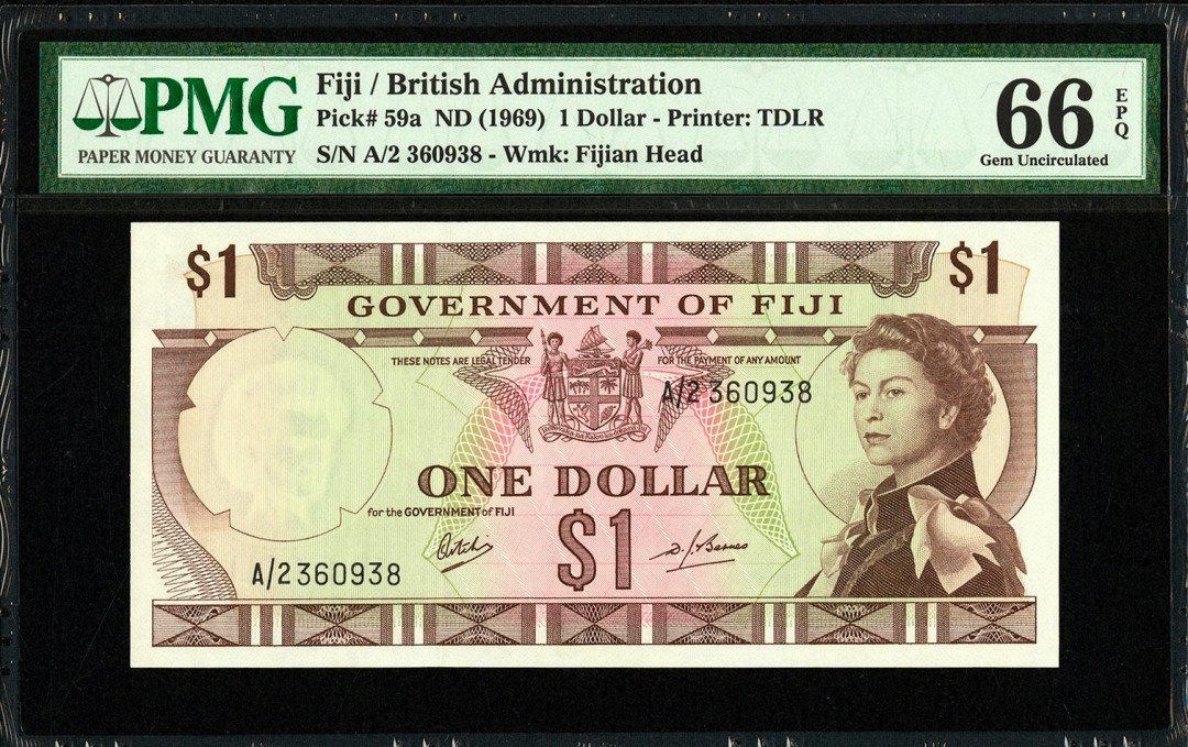 【收藏联盟】第113期拍卖——末代君主 【早期初版】斐济 1969年 1元 PMG66EPQ p59a 戎装女王 海景