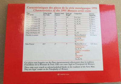 【随心拍&GetCoins】现代金银币拍卖第四十三期 摩纳哥1995年全套流通币10枚，造币厂原包装卡币