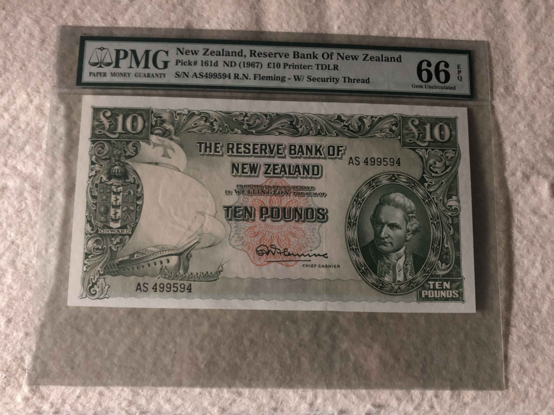 【收藏联盟】第113期拍卖——末代君主 新西兰 1967年 10镑 PMG66EPQ  p161d 大票幅 库克船长
