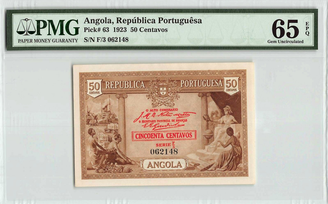 【收藏联盟】第113期拍卖——末代君主 【亚军分】安哥拉 1923年 50分 PMG65EPQ 绝品稀少 殖民地特色鲜明 双面雕刻 实物精美