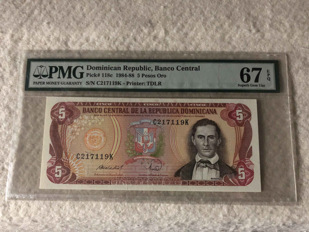 【收藏联盟】第113期拍卖——末代君主 多米尼加 1984-88年 5比索 PMG67EPQ 