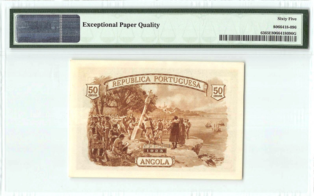 【收藏联盟】第113期拍卖——末代君主 【亚军分】安哥拉 1923年 50分 PMG65EPQ 绝品稀少 殖民地特色鲜明 双面雕刻 实物精美