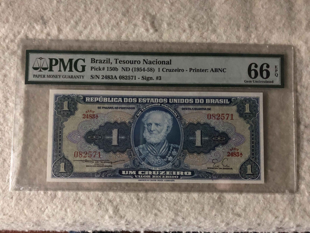 【收藏联盟】第113期拍卖——末代君主 巴西 1954-58年 1克鲁塞罗 PMG66EPQ  美钞公司出品 雕刻版