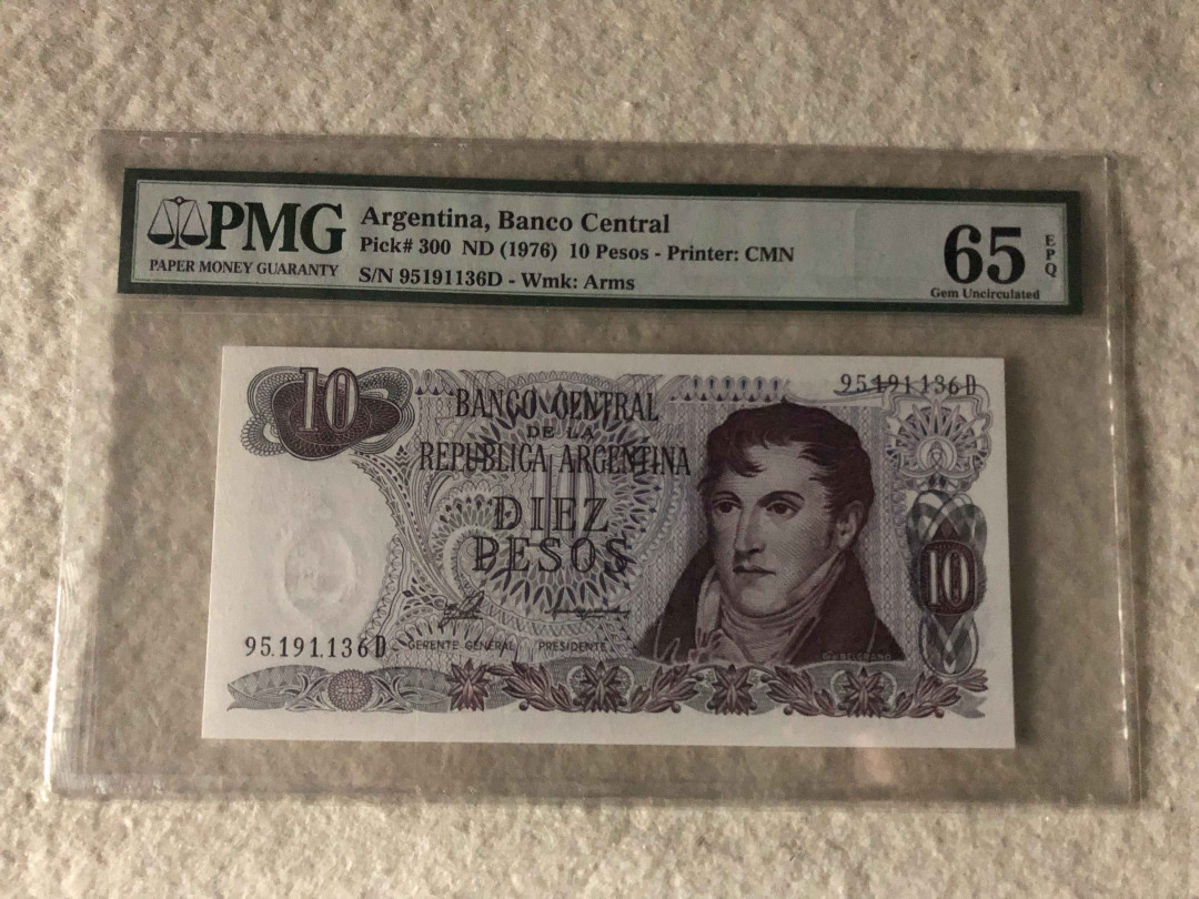 【收藏联盟】第113期拍卖——末代君主 阿根廷 1976年 10比索 p300 PMG65EPQ