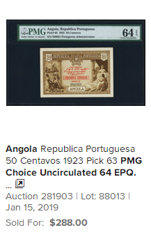 【收藏联盟】第113期拍卖——末代君主 【亚军分】安哥拉 1923年 50分 PMG65EPQ 绝品稀少 殖民地特色鲜明 双面雕刻 实物精美