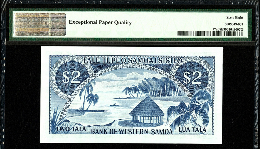 【收藏联盟】第113期拍卖——末代君主 【冠军分百位小号】西萨摩亚 1967年 2塔拉 p17a PMG68EPQ 超高分 意境海景