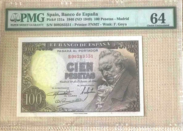 【收藏联盟】第113期拍卖——末代君主 西班牙 1946年 100比塞塔 PMG64 p131a