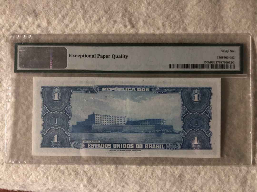 【收藏联盟】第113期拍卖——末代君主 巴西 1954-58年 1克鲁塞罗 PMG66EPQ  美钞公司出品 雕刻版