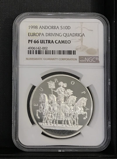 【随心拍&GetCoins】现代金银币拍卖第四十三期 获奖币1998年安道尔10第纳尔欧罗巴驾驶战车NGC66
