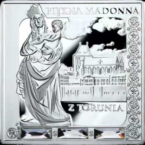 【币观天下】第九十五期钱币拍卖 【纽埃】纽埃2014年1元，1盎司 失踪艺术系列-波兰托伦“美丽圣母玛利亚雕像”镶嵌大颗施华洛世奇宝石、镶(镀)金、异形(方形)艺术精制银币