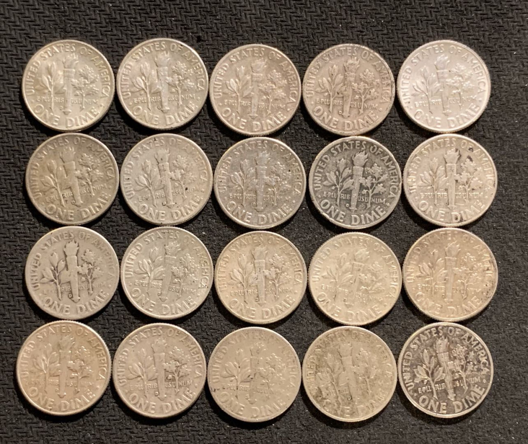 紫瑗钱币—微拍第九期  美国 1946—1964年 罗斯福 10美分 银币 一组20枚 共50克 0.9银