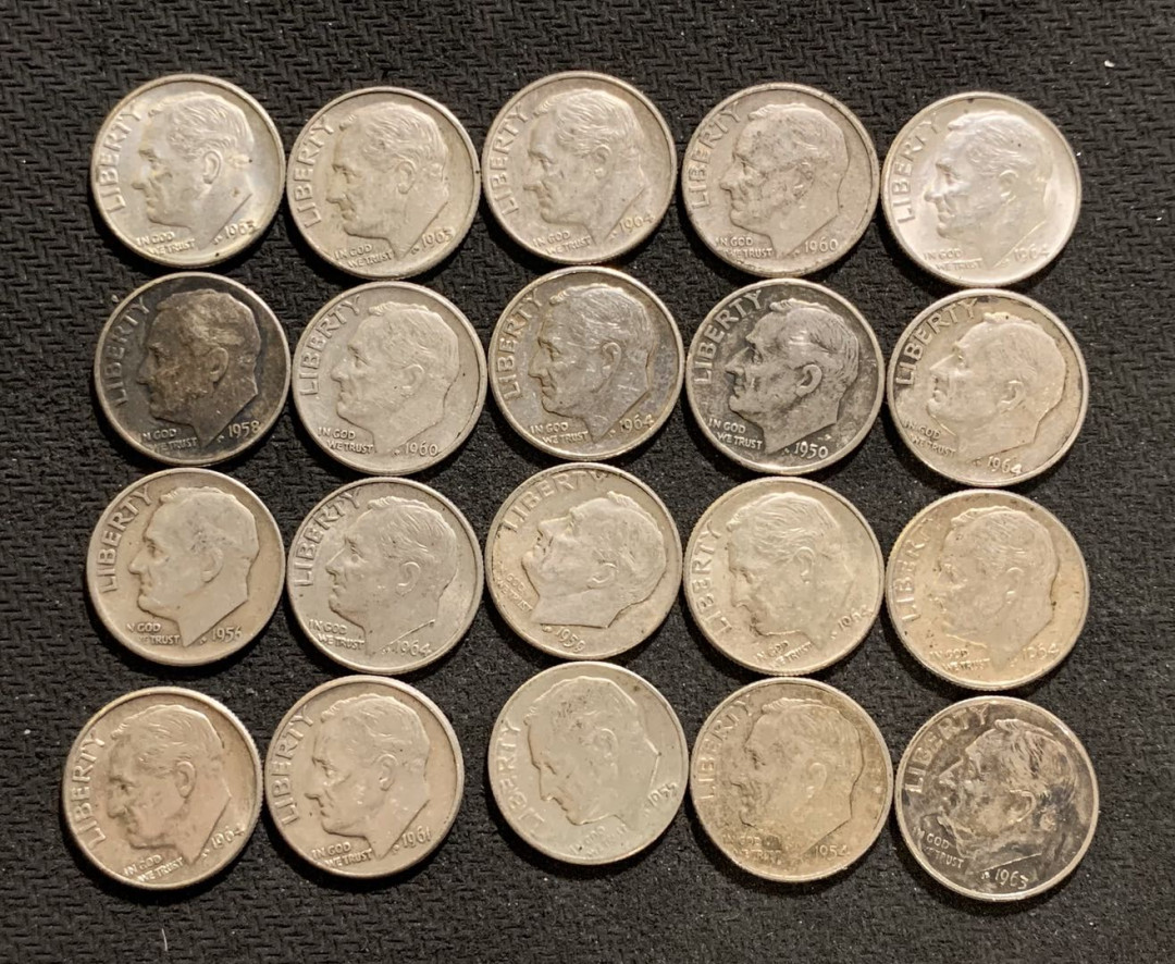 紫瑗钱币—微拍第九期  美国 1946—1964年 罗斯福 10美分 银币 一组20枚 共50克 0.9银