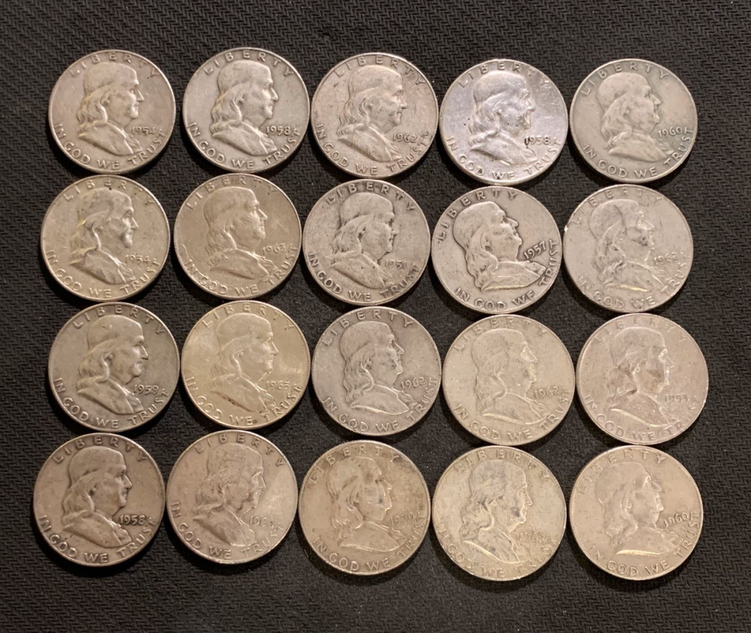 紫瑗钱币—微拍第九期  美国 1948—1963年 富兰克林 50美分 一组20枚 共250克 0.9银