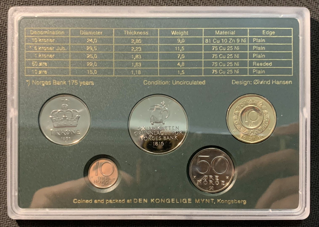 紫瑗钱币—微拍第12期  挪威 1991年 10欧尔—10克朗 5枚套 原厂盒 带纪念5克朗