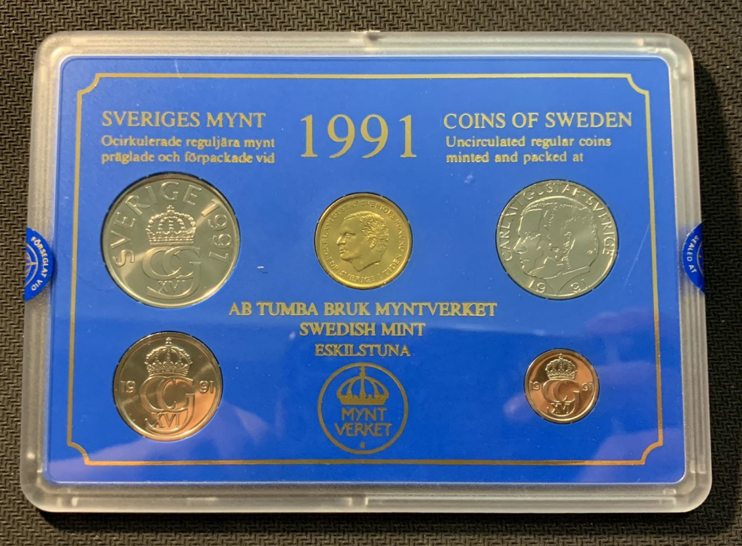 紫瑗钱币—微拍第12期  瑞典 1991年 10欧尔—10克朗 5枚套 原厂盒