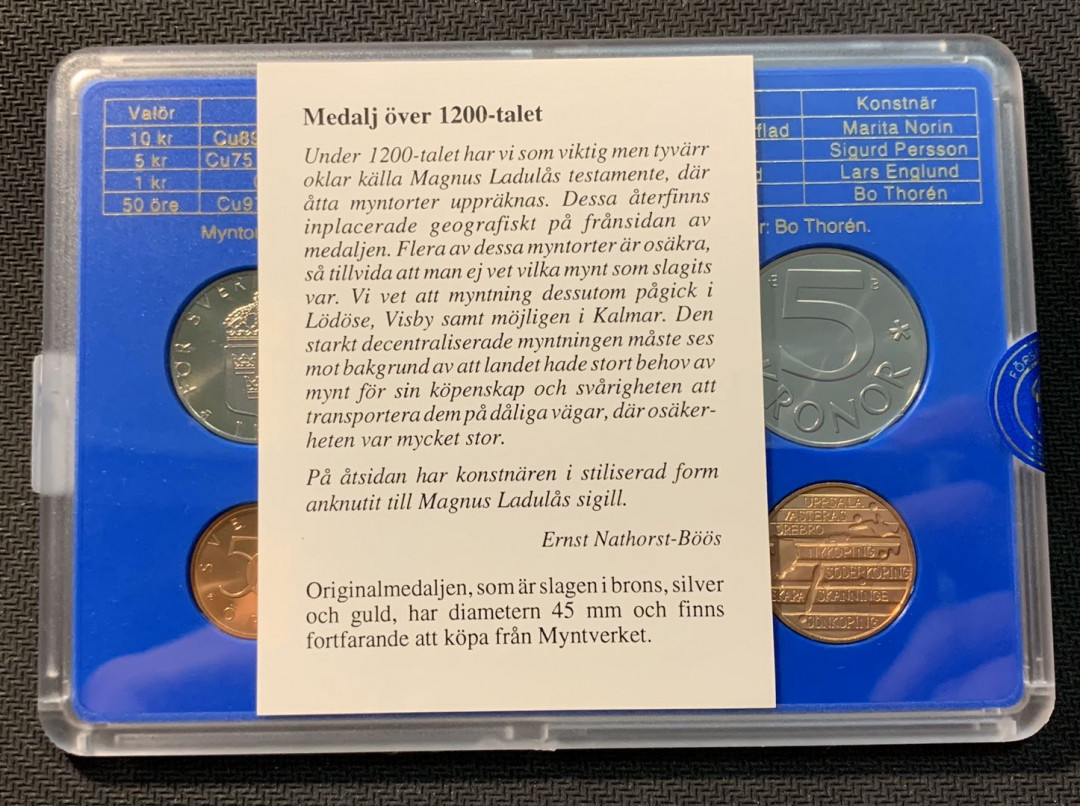 紫瑗钱币—微拍第12期  瑞典 1994年 50欧尔—10克朗 4枚套 带纪念章 原厂盒