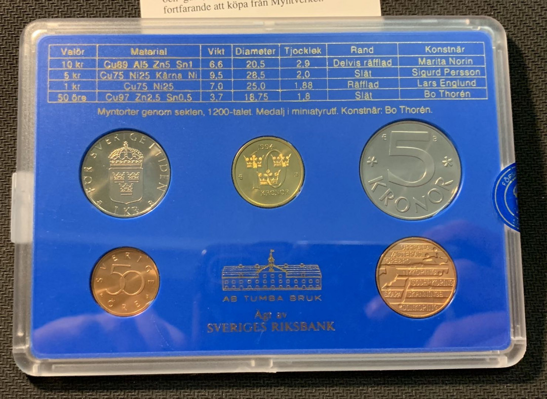 紫瑗钱币—微拍第12期  瑞典 1994年 50欧尔—10克朗 4枚套 带纪念章 原厂盒